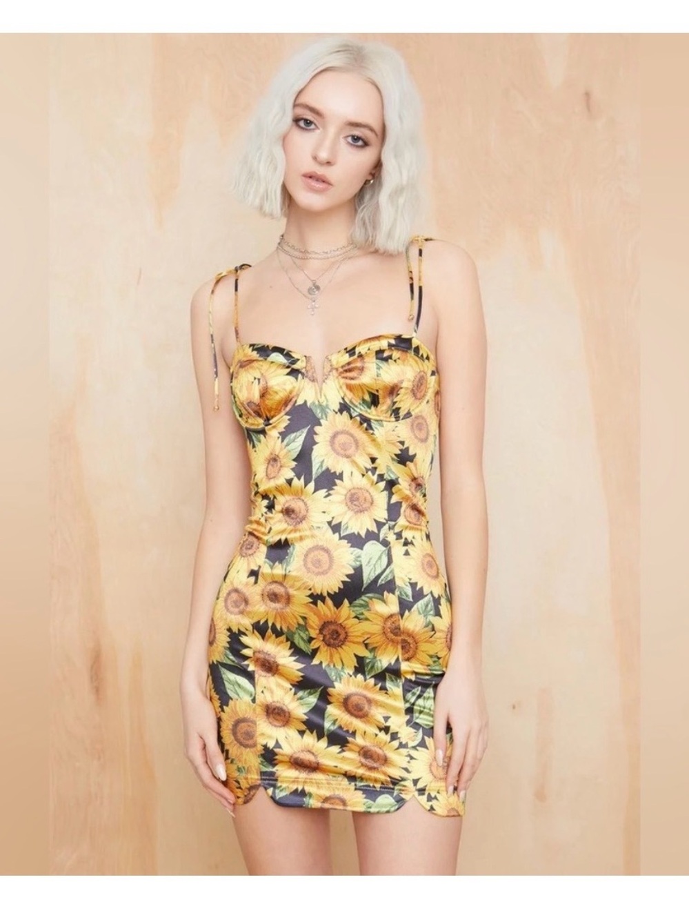 Current Mood Yellow Sunflower Satin Mini Dress